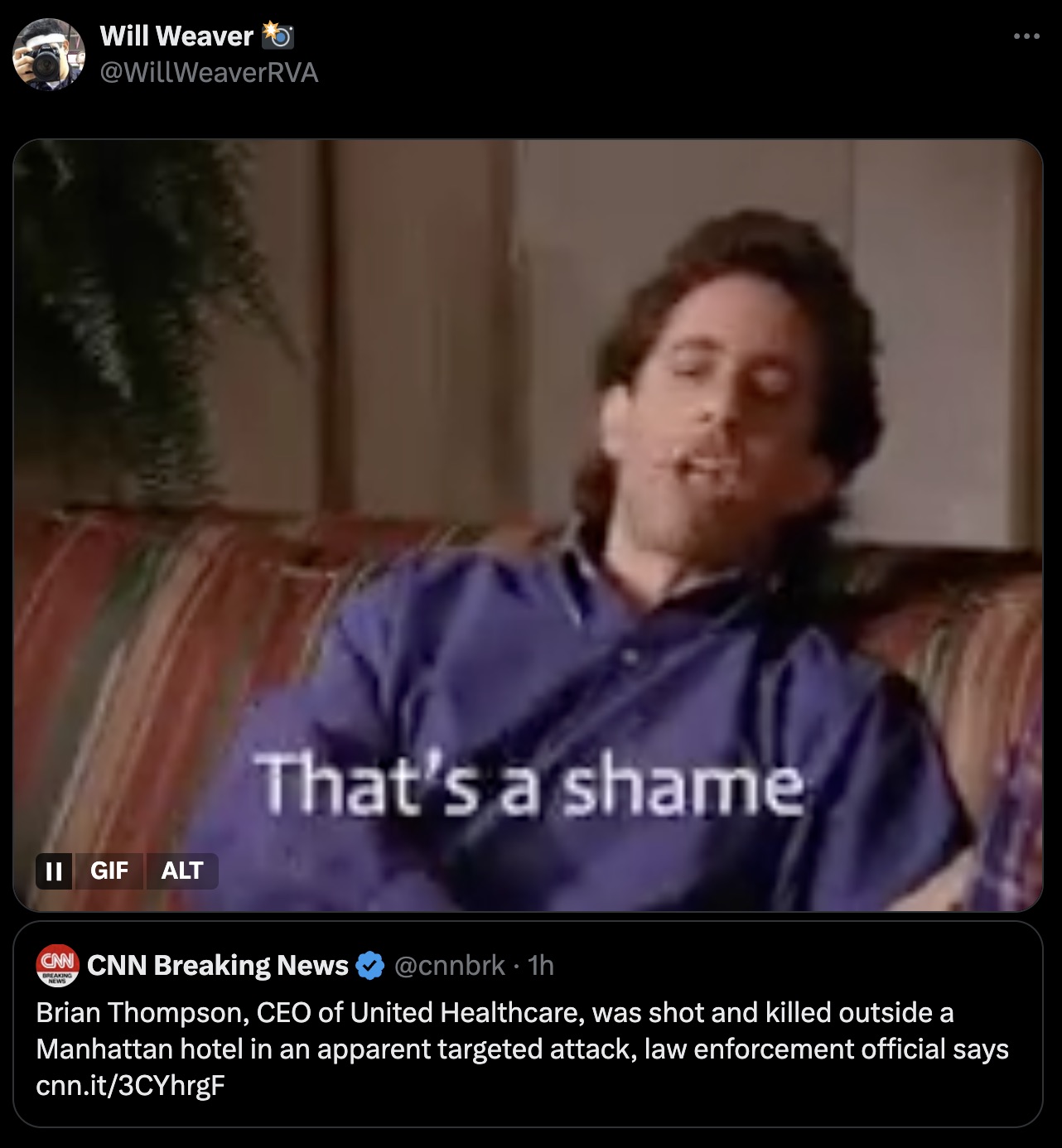 video - Will Weaver Ii Gif Alt That's a shame Cnn Cnn Breaking News Breaking 1h Brian Thompson, Ceo of United Healthcare, was shot and killed outside a Manhattan hotel in an apparent targeted attack, law enforcement official says cnn.it3CYhrgF